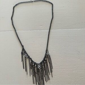 Gunmetal Fringe Statement Necklace with Crystal Accents
